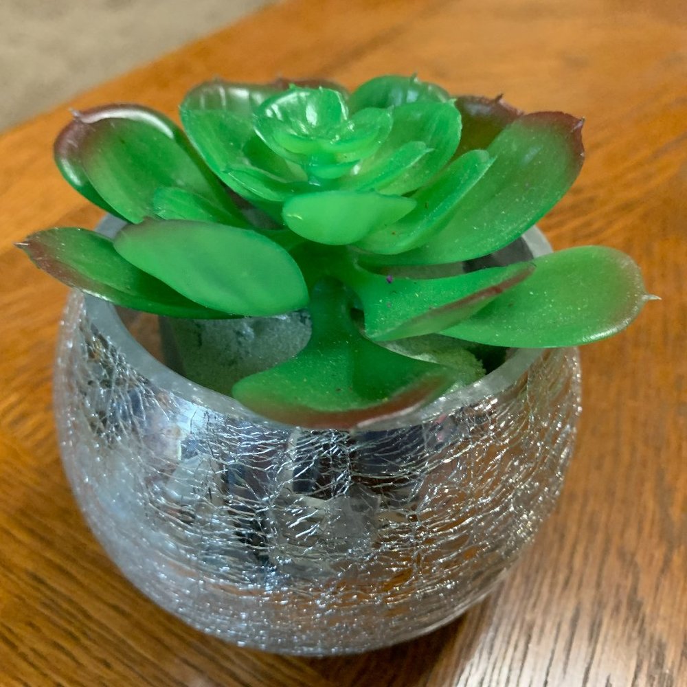Mercury silver glass candle holder with faux succulent